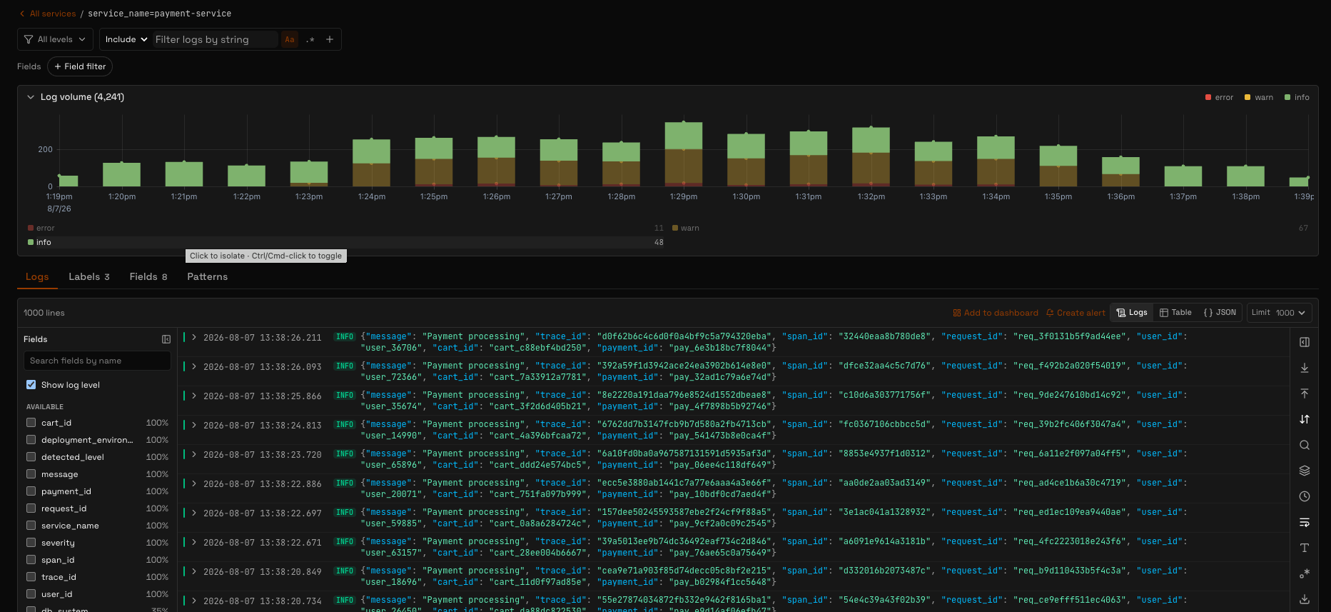 Live log lines from Loki in Grafana Explore