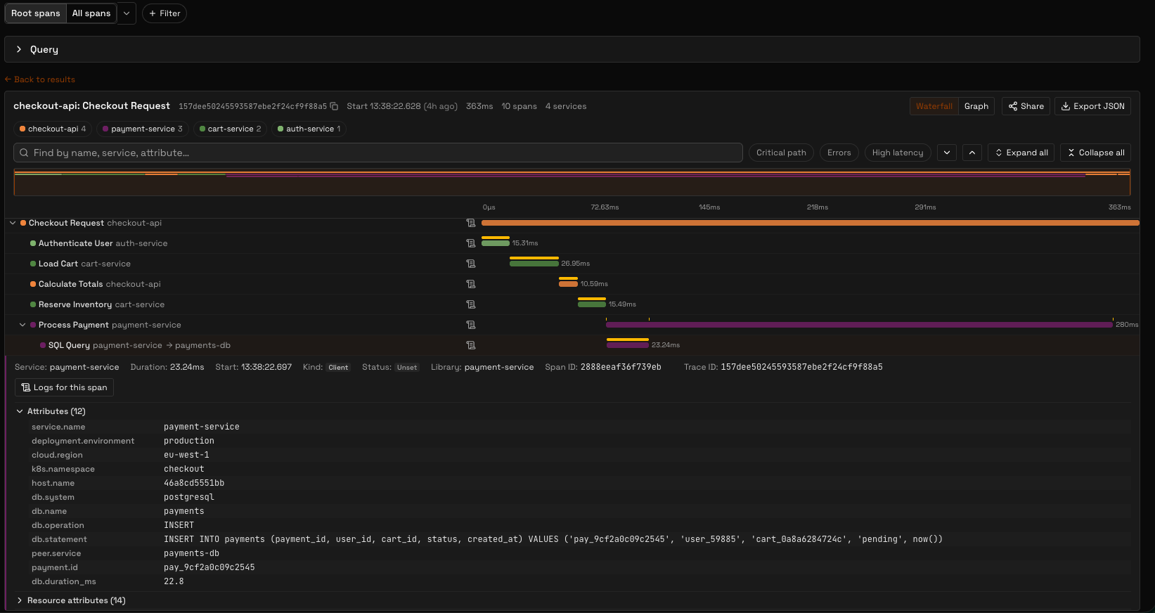 Trace waterfall view in Grafana Explore